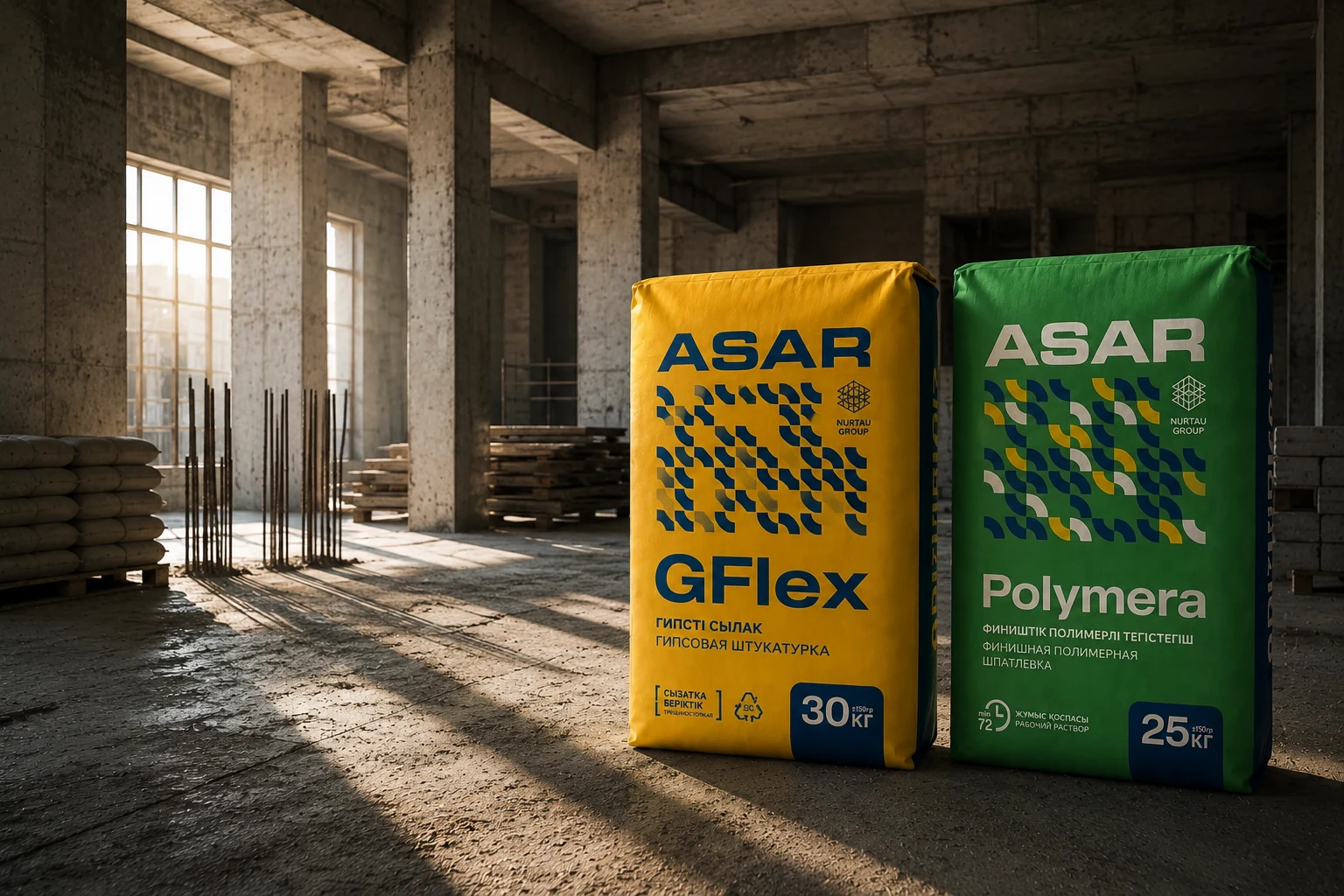 Сухие строительные смеси ASAR GFlex и Polymera на строительном объекте